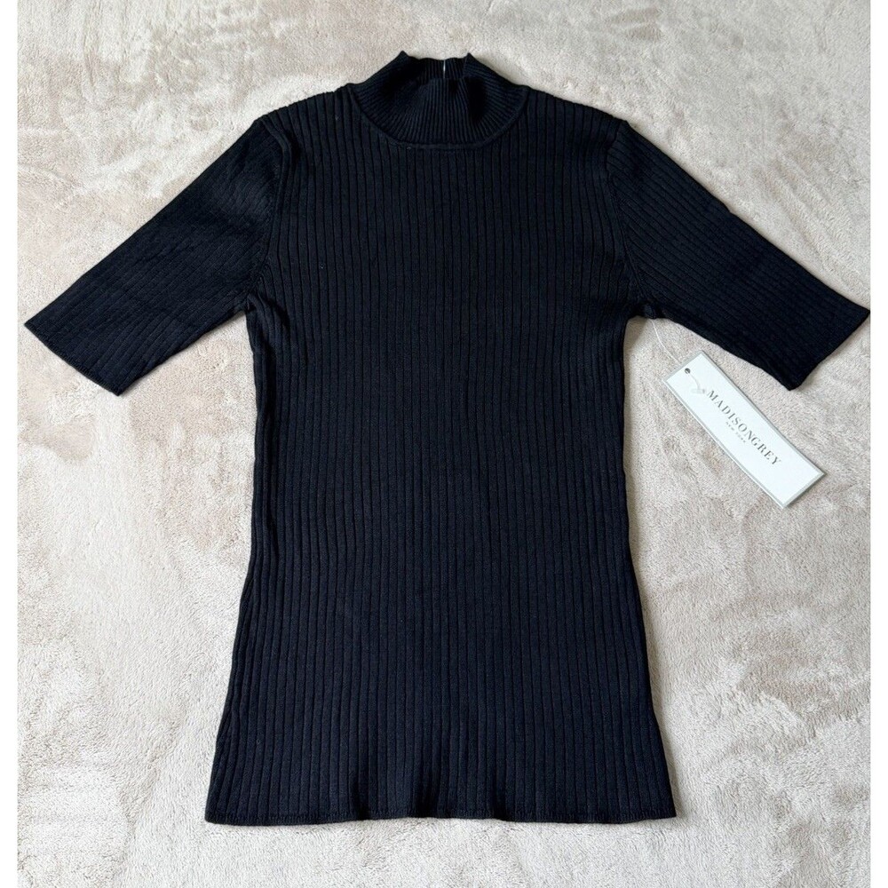 Madison Grey Women’s Ribbed Mock Neck 3/4 Sleeve Top Black NWT Size S - Picture 3 of 16